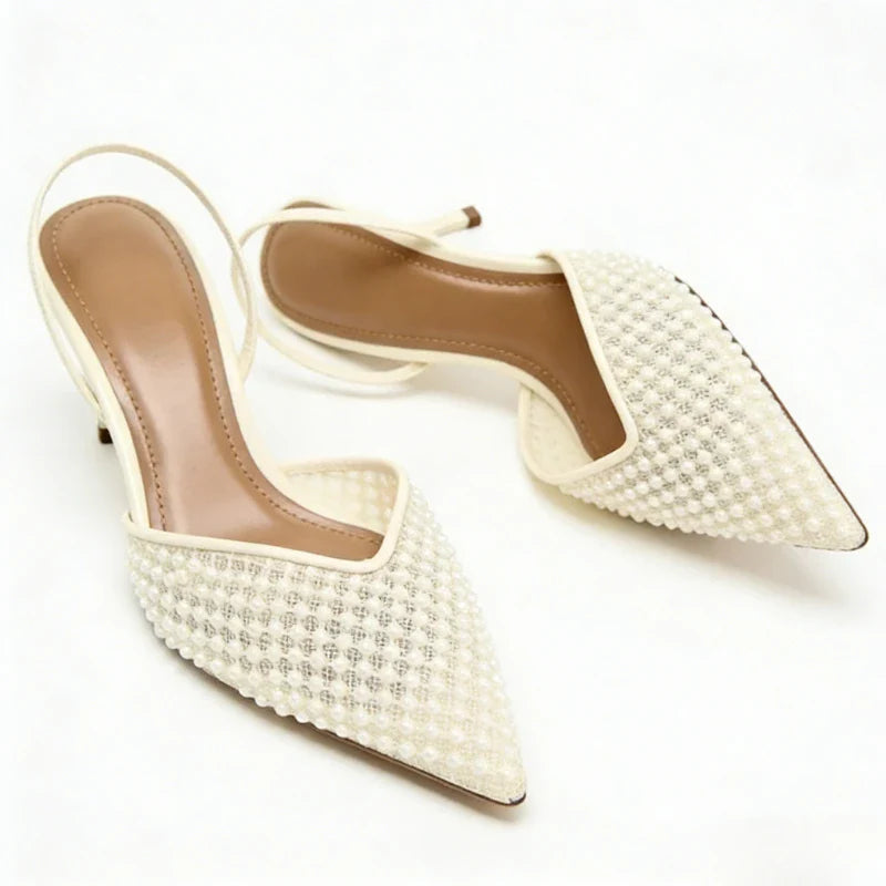 LadyShow.Store mesh string bead elegant women's high heels with pointed toe and slingback design, suitable for wedding and formal occasions.