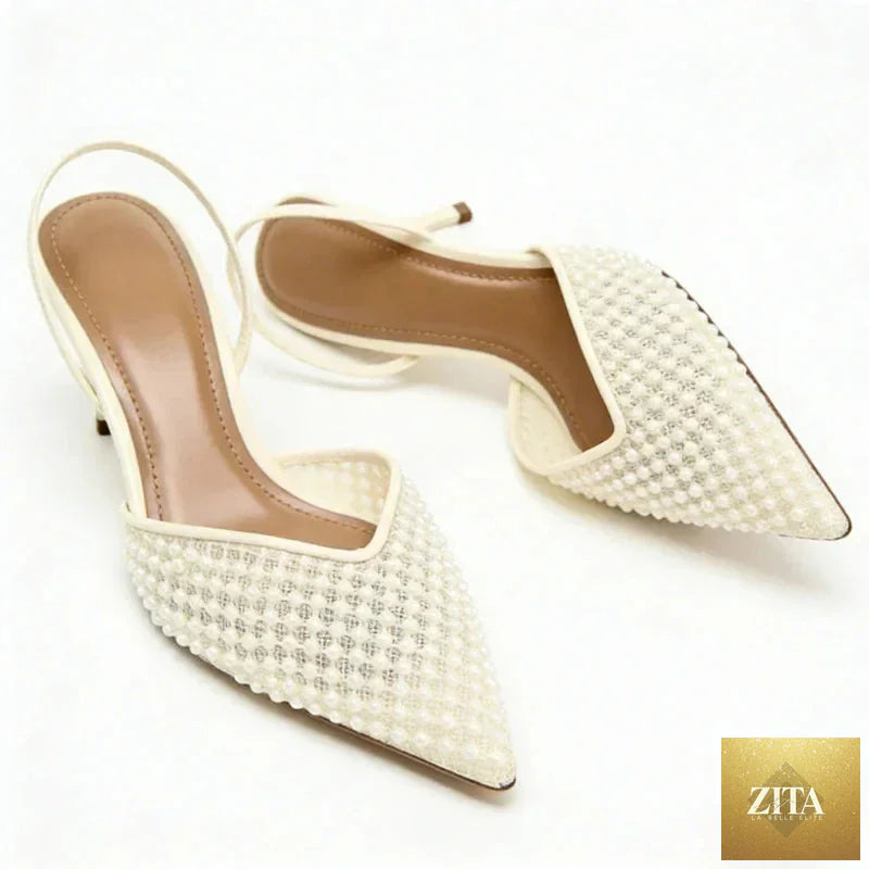 LadyShow.Store mesh string bead elegant women's high heels with pointed toe and slingback design, suitable for wedding and formal occasions.