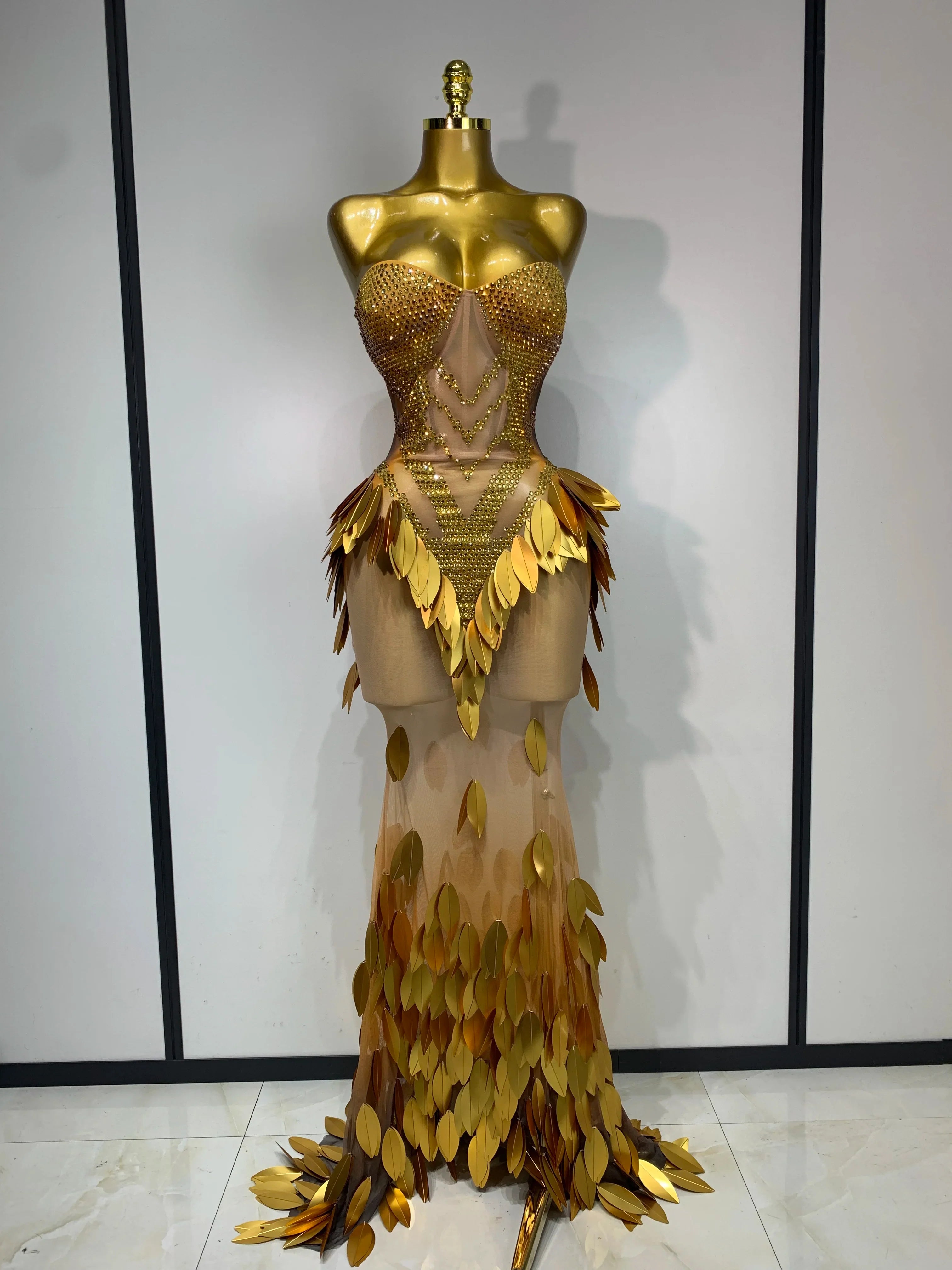 Women’s gold sequin strapless mesh maxi dress by FLIPSTYLEZLLC, elegant evening gown with rhinestones for party and prom occasions.