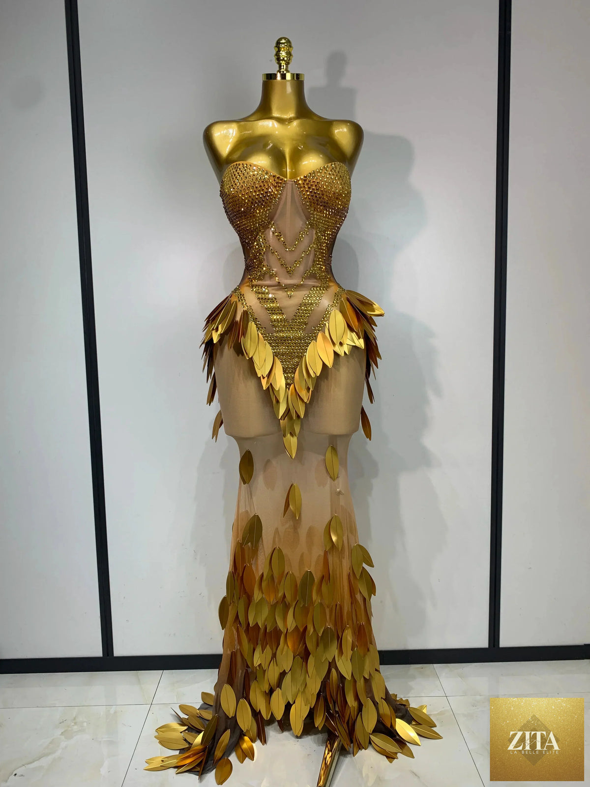 Women’s strapless mesh maxi dress by FLIPSTYLEZLLC with gold rhinestones and sequins, perfect for evening parties or special occasions.