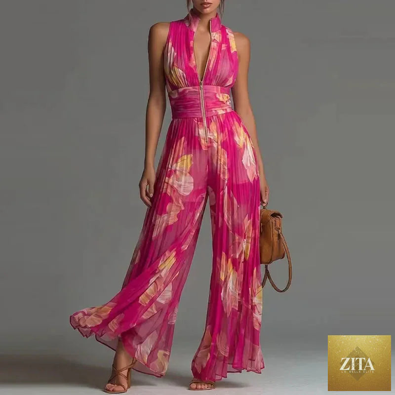 Elegant women's Selvanelle jumpsuit with stand collar, zipper, pleats, high waist, wide-leg pants, sleeveless, summer romper.
