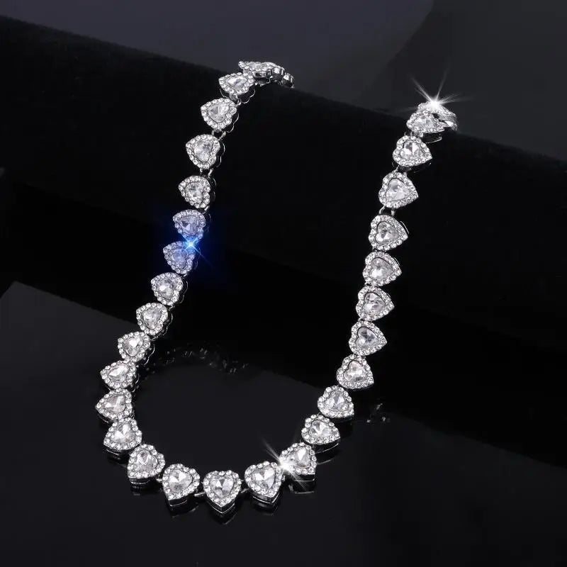 Shiny 45cm hip hop tennis chain bracelet and necklace with heart rhinestones and CZ accents, fashion jewelry by FLIPSTYLEZLLC