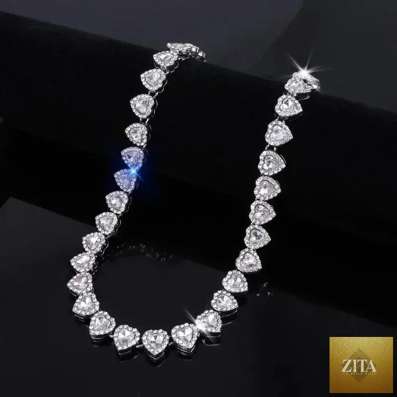 Shiny 45cm hip hop tennis chain bracelet necklace with rhinestone heart charm and CZ accents, fashion jewelry by FLIPSTYLEZLLC