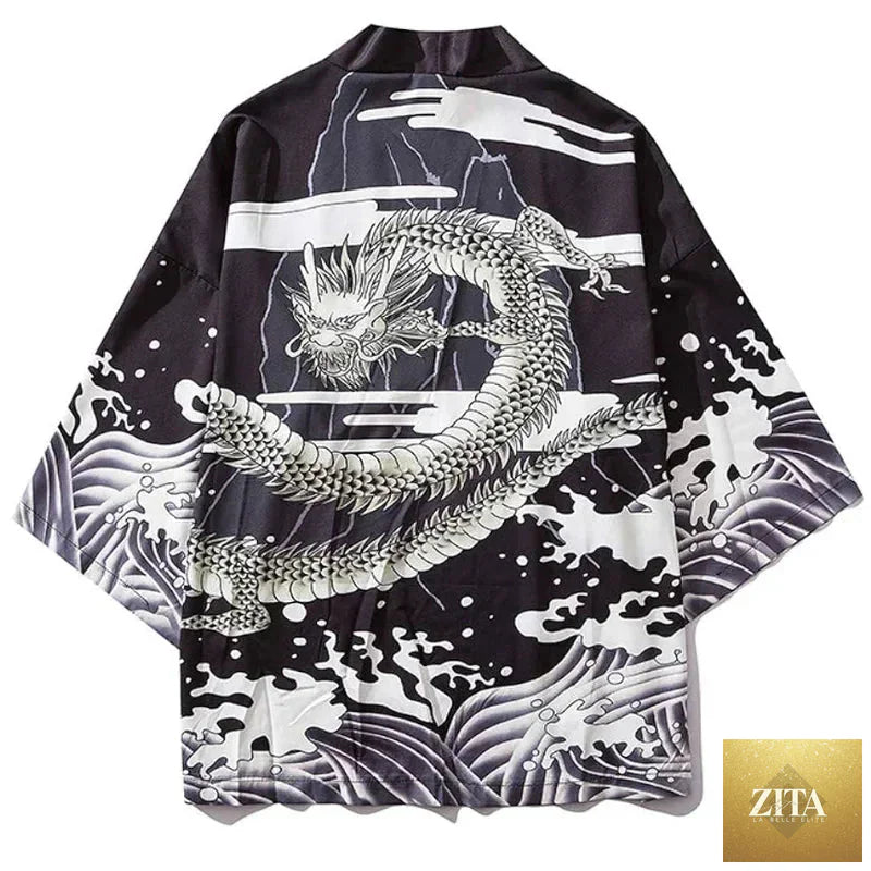 Japanese-style anime dragon print haori yukata, streetwear by FitiqueFit featuring vibrant dragon artwork and traditional Japanese design