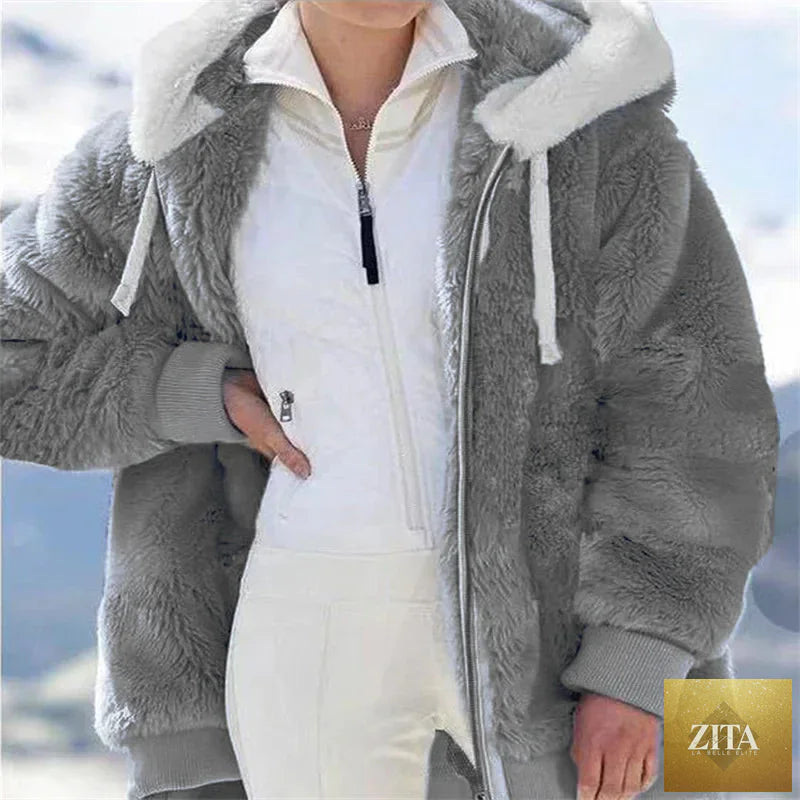 Women’s winter faux fur jacket with hood, soft fleece lining, casual cashmere style, LadyShow.Store plush coat, thick and warm for cold weather.