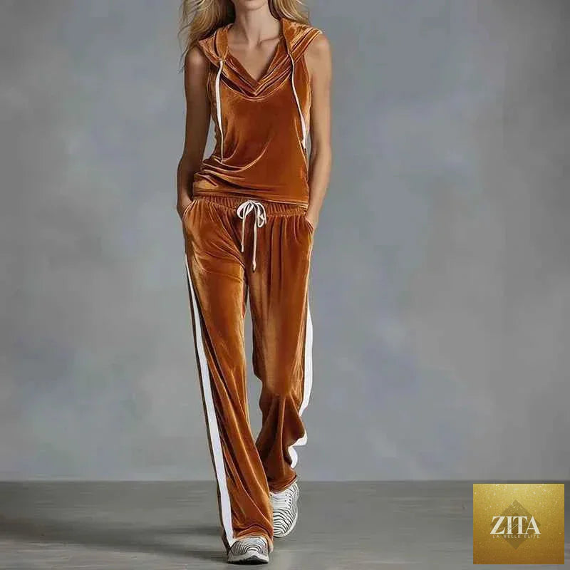 Women’s velvet summer casual activewear set by THRIXINE, featuring a stylish relaxed fit tracksuit with a zip-up top and matching pants.