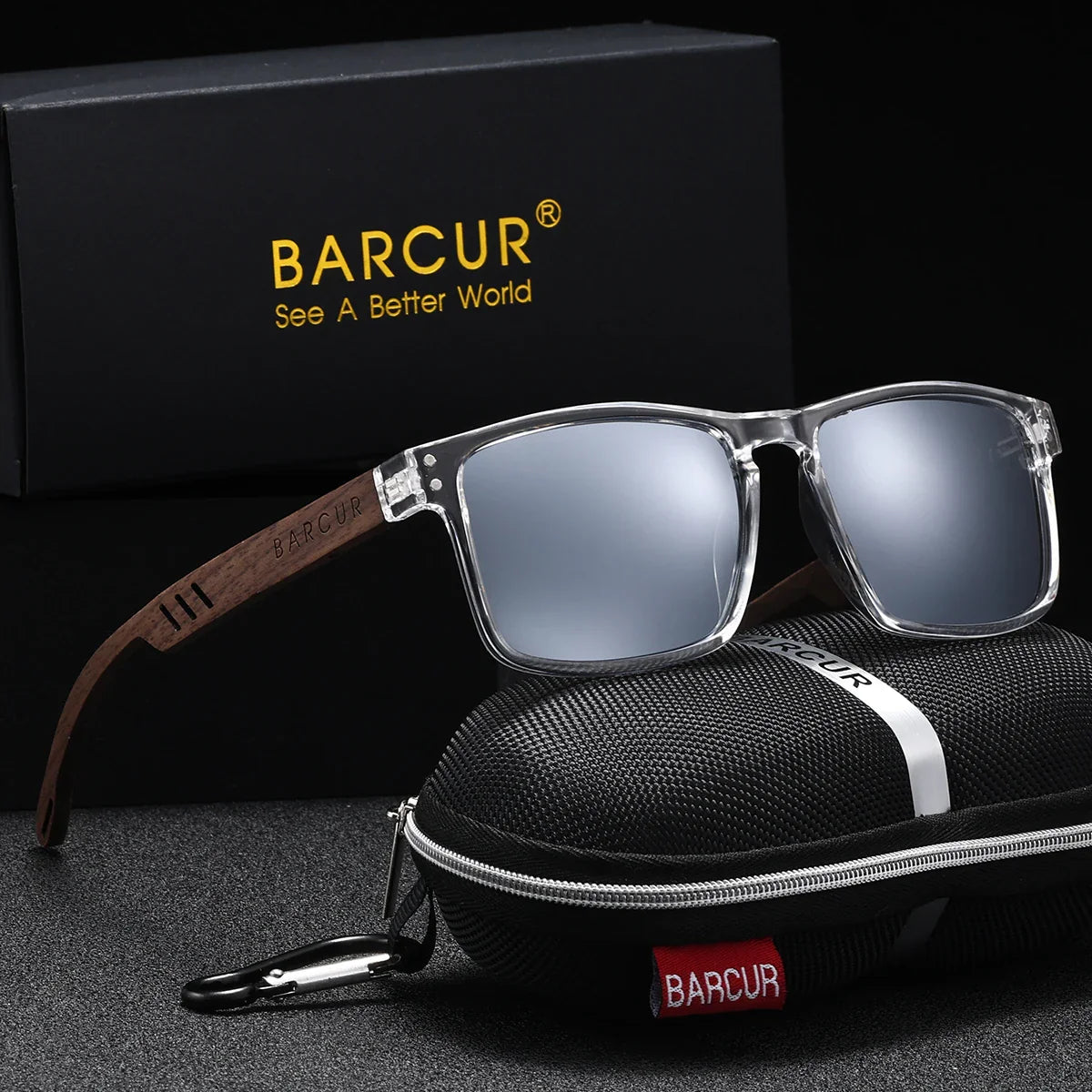 Stevvex BARCUR handmade polarized wooden sunglasses with square frame, mirror lenses, UV400 protection, lightweight design.