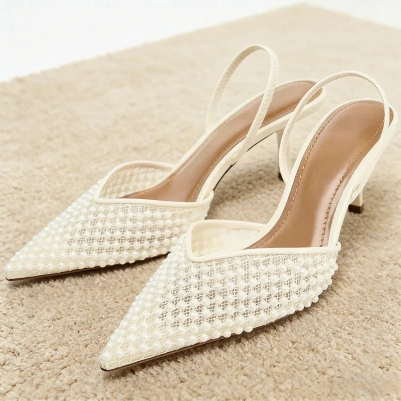 LadyShow.Store mesh string bead elegant women’s slingback high heels with pointed toe for formal occasions and weddings.