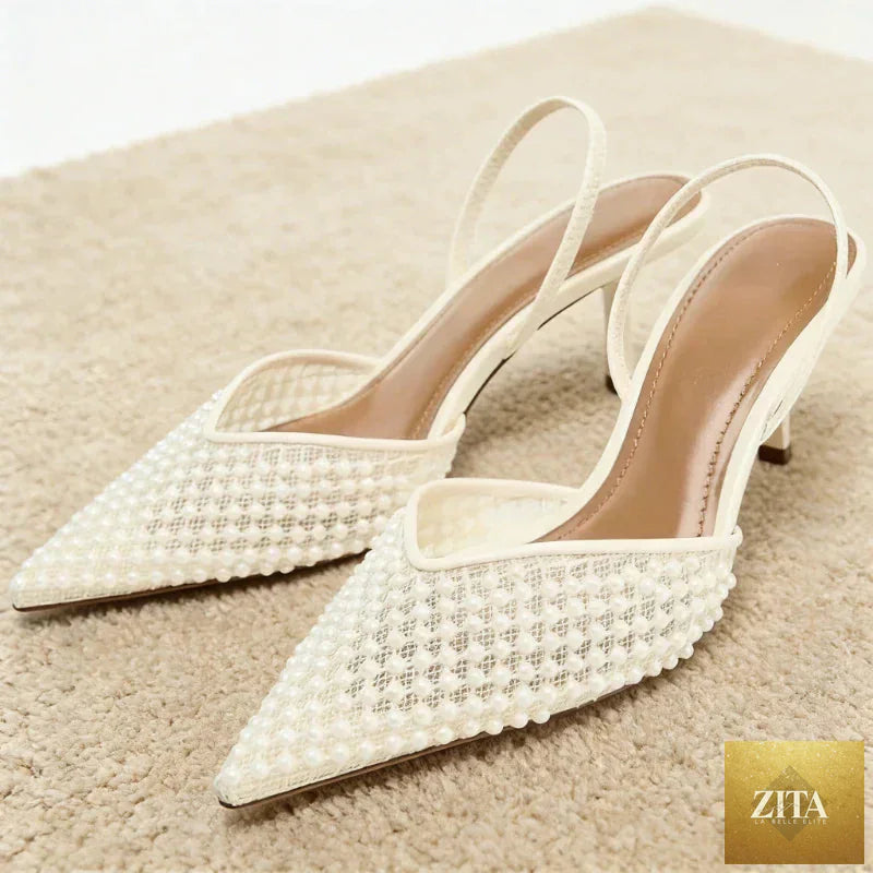LadyShow.Store mesh string bead elegant women’s slingback high heels with pointed toe for formal occasions and weddings.