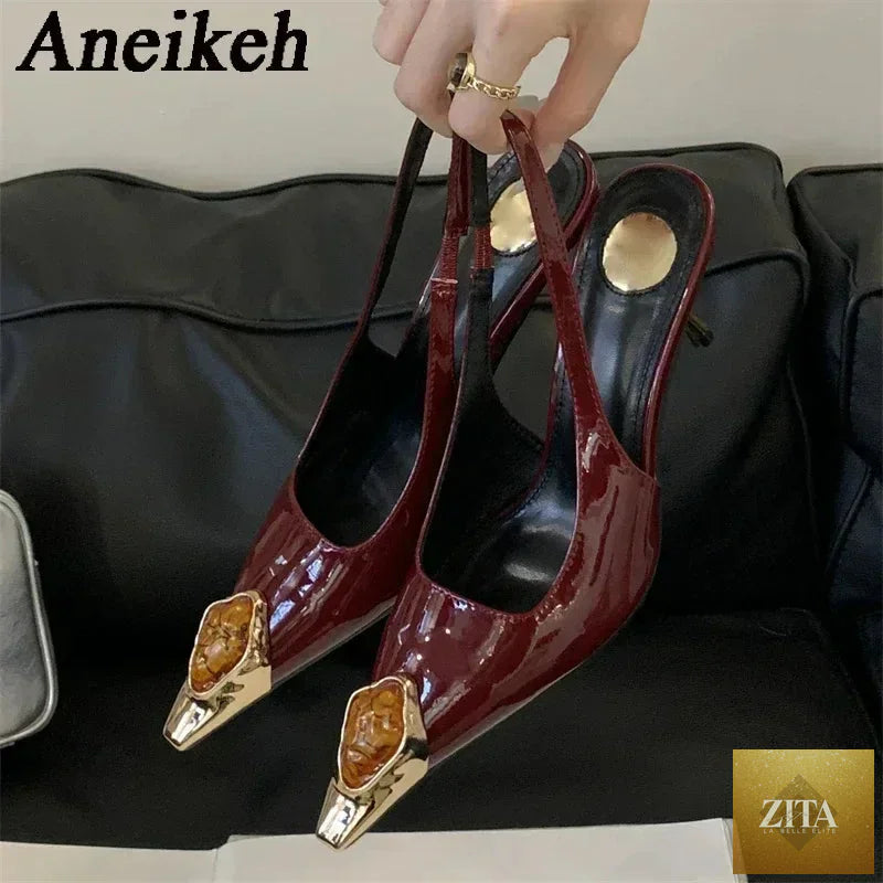 Elegant woman pumps sandals with metal square head design, low heel, and slingback style, perfect for street style and banquets.