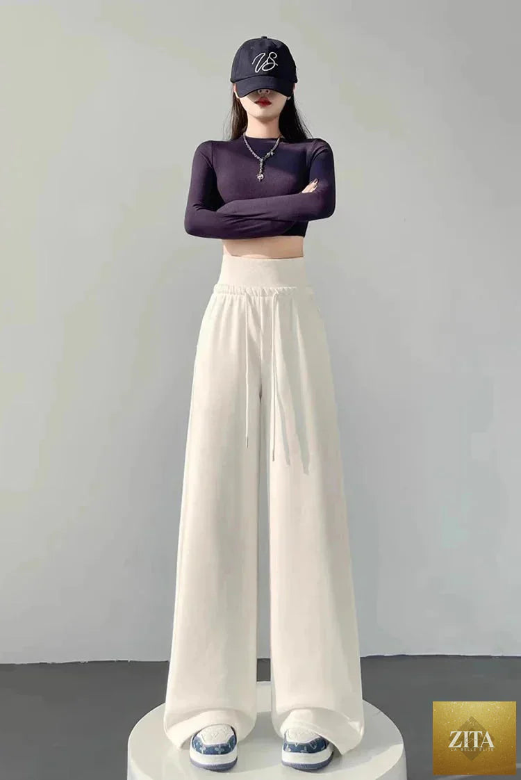 Gray high-waist loose wide-leg straight pants for women, casualwear by Zita La Belle Elite, shown on a model.
