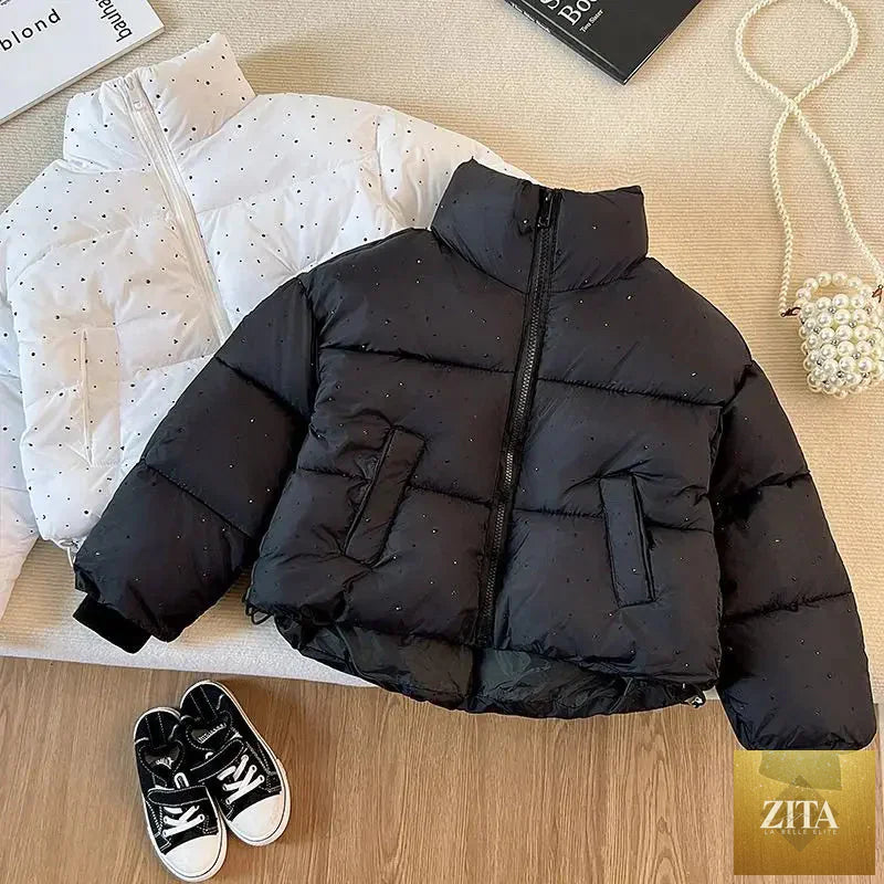2025 Winter Girls Rhinestone Puffer Jacket Korean Star-Studded Fashion Coat Glitter Zip-Up Quilted Down Jacket