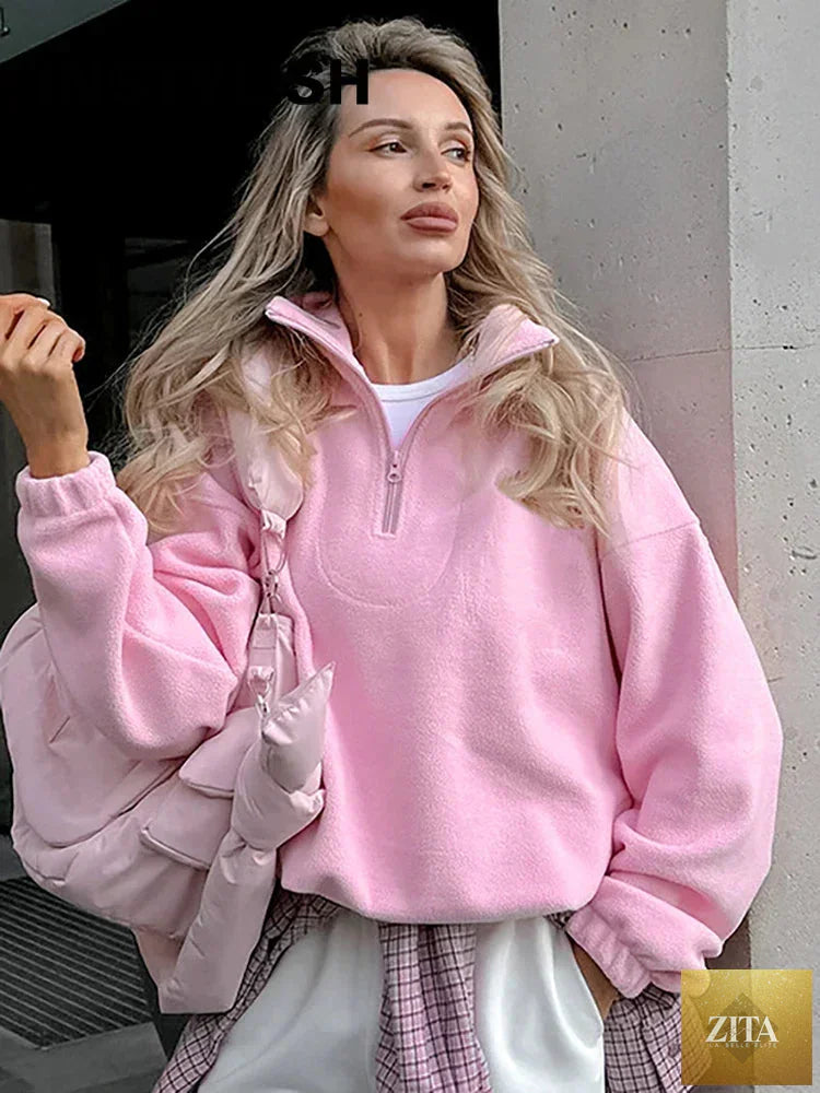 Women’s autumn winter fleece hoodie by LadyShow.Store featuring a stand collar, zipper front, loose fit, solid color, casual streetwear style.