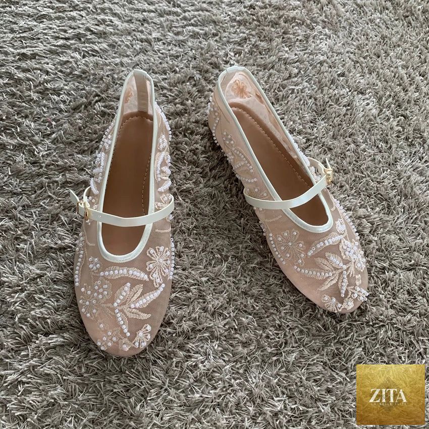 LadyShow.Store women's ballet flats with mesh embroidery, beaded design, buckle detail, breathable fabric, and soft low heel.