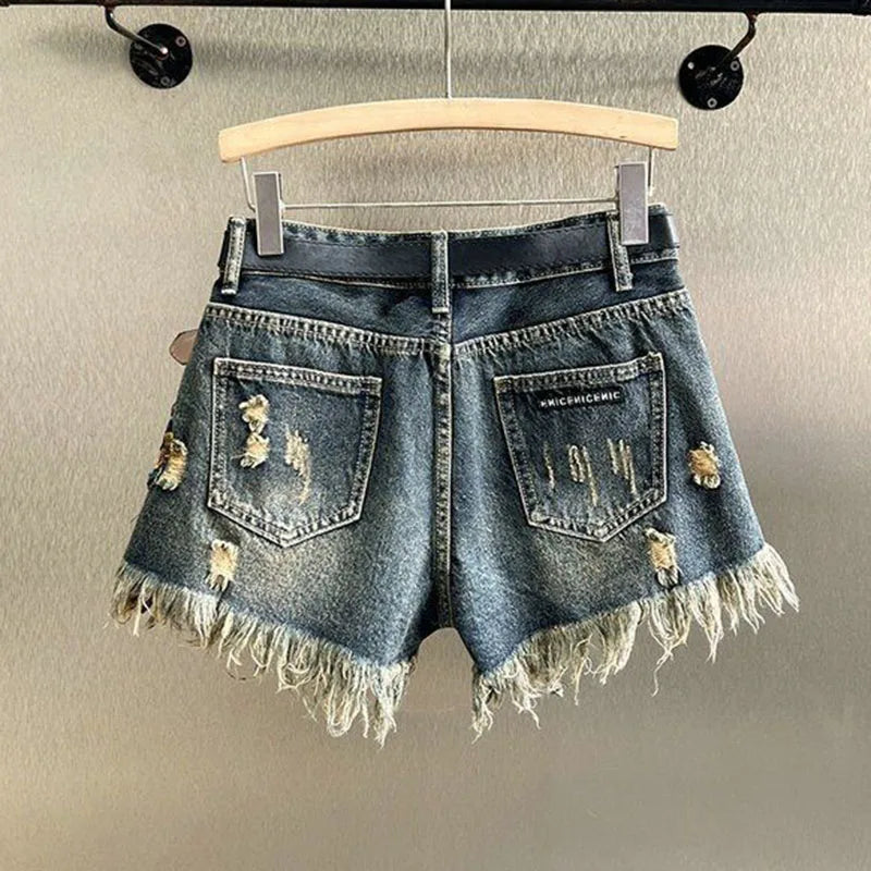 Women Sequin Floral Print Denim Shorts