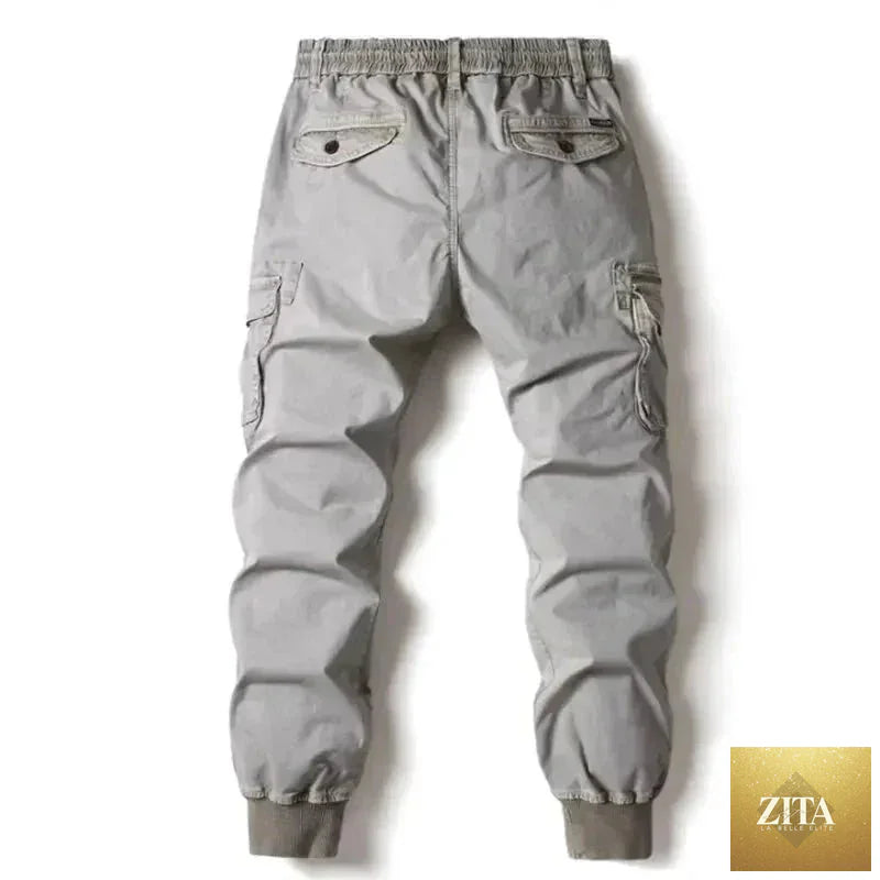 Mandotos men's gray cargo pants made of cotton, full-length tactical military-style trousers with multiple pockets and rugged design.