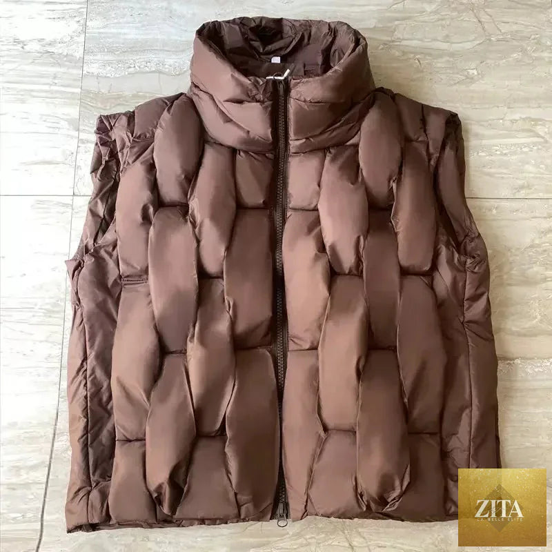 Women Thick Cotton Vest Women Square Weave High Collar Warm Waistcoat Casual Warm Puffer Bubble Sleeveless Jacket