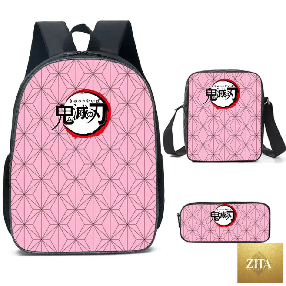 Demon Slayer Nezuko backpack from Infinite Visibility with matching schoolbag set, featuring colorful anime character designs.