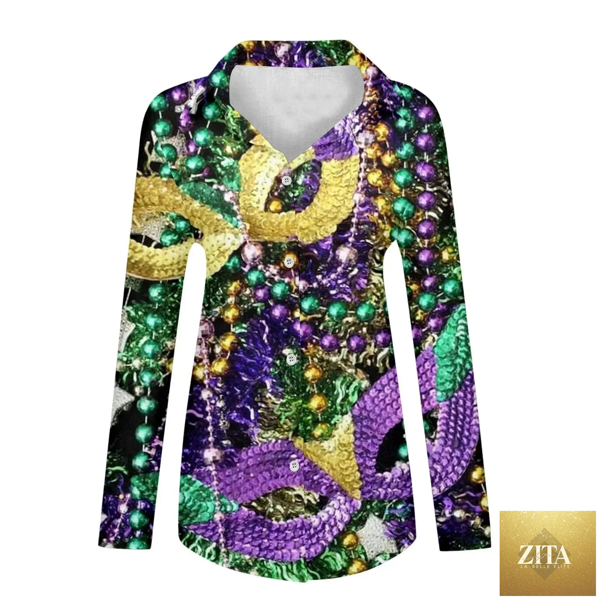Zita La Belle Elite Mardi Gras women's V-neck long sleeve carnival print shirt, casualwear with colorful festive design