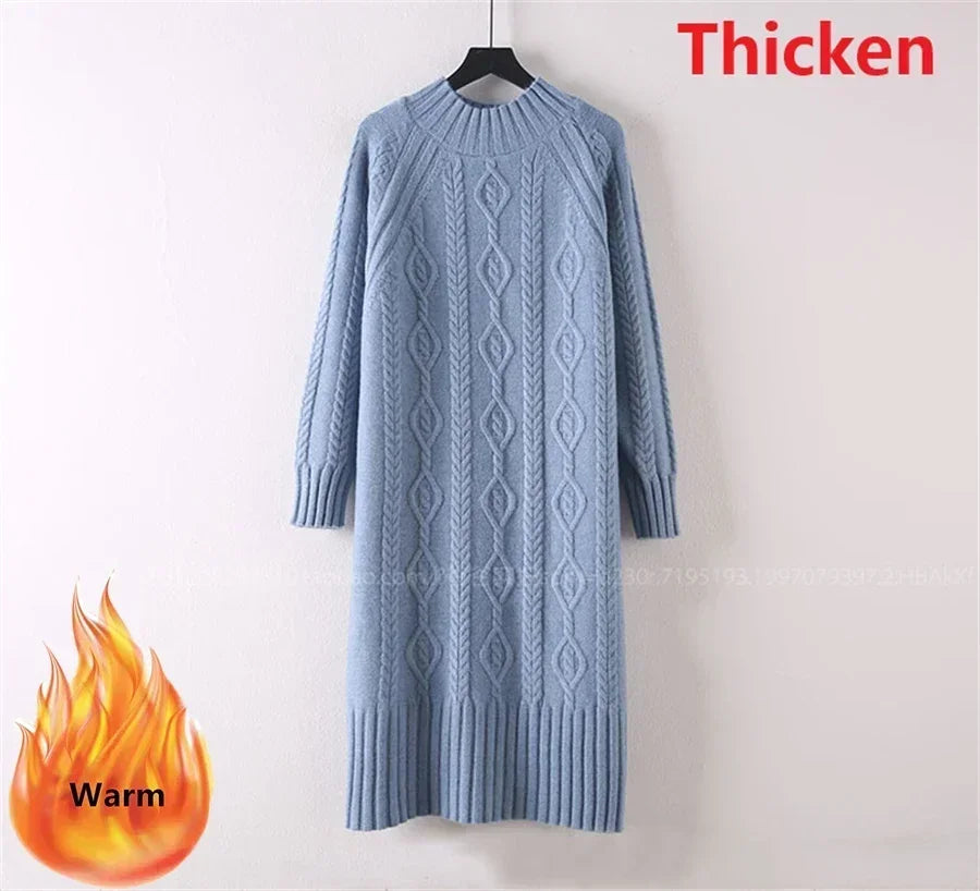 Women Winter Thicken Plus Velvet Sweater Dress Mock Neck Rib Knit Midi With Coats