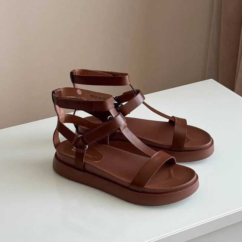 BeauToday Summer Gladiator Sandals Women Calfskin Leather Open Toe T-bar Strap Hook & Loop Summer Ladies Shoes Handmade 07130