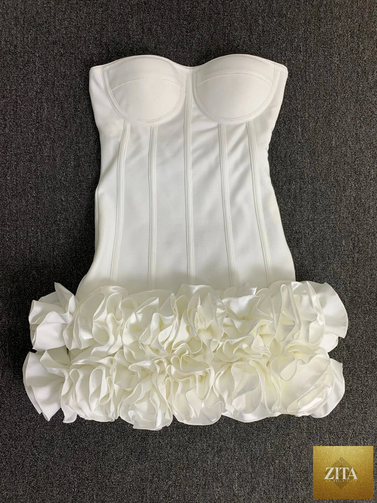 Femstylo women's strapless bandage dress with lace-up back, floral hem, bodycon fit, perfect for evening parties and birthdays.