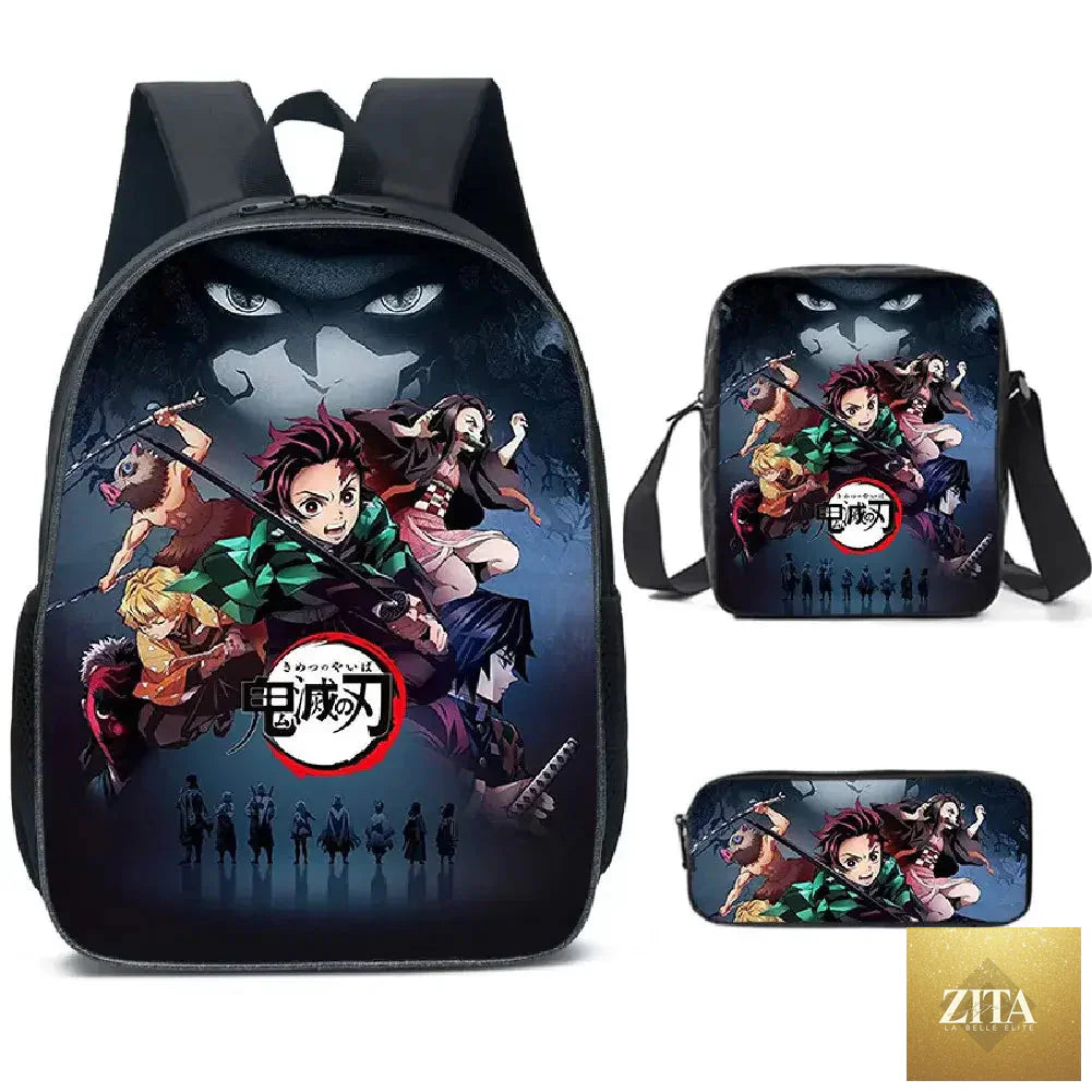 Nezuko Demon Slayer backpack from Infinite Visibility, part of a 3-piece schoolbag set, featuring colorful anime character design.