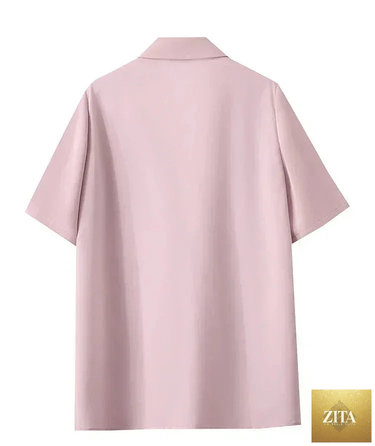Femstylo Amii women's summer blazer with notched lapel, contrast patchwork, short sleeves, and one-button closure.