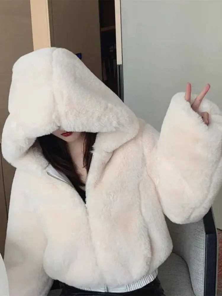 Luxury Short Faux Rabbit Fur Coat Women Crop Top Winter Thicken Warm Clothing Small Furry Hooded Faux Fur Jacket Fluffy Jackets ZITA LA BELLE ÉLITE