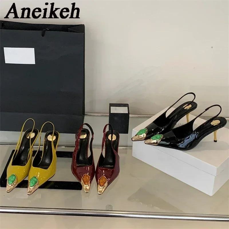 LadyShow.Store metal square head diamond pumps for women featuring street style design, low heel, and elegant banquet slingbacks.
