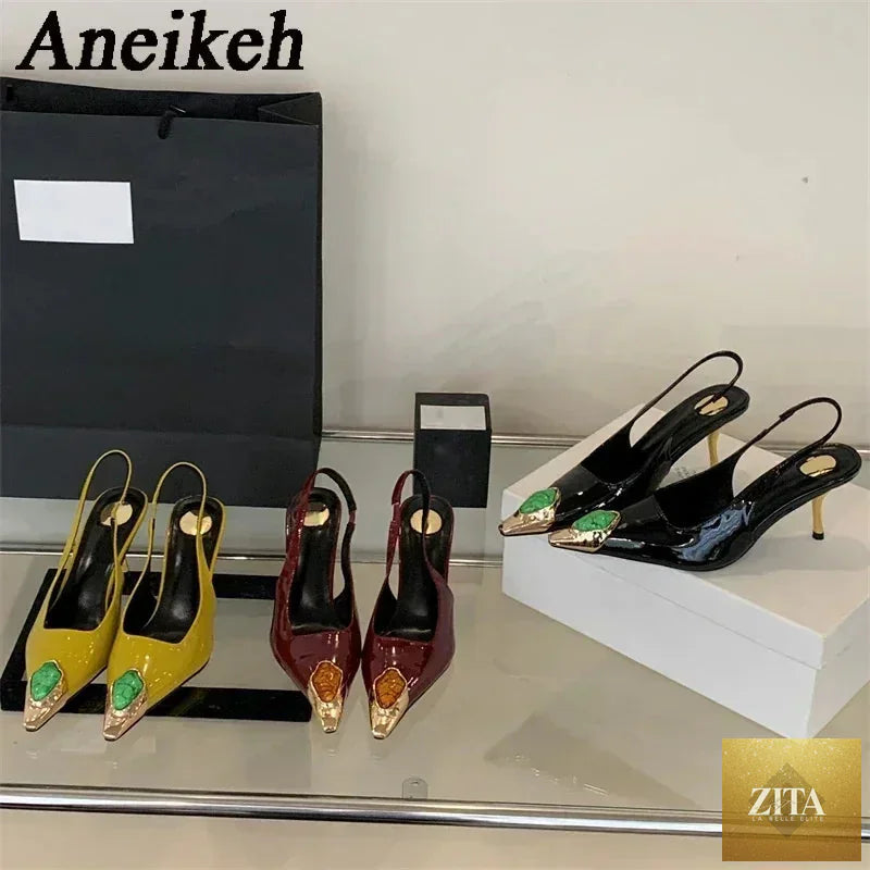 Elegant LadyShow.Store women's metal square head diamond pumps sandals with low heels, stylish slingbacks for street and banquet wear