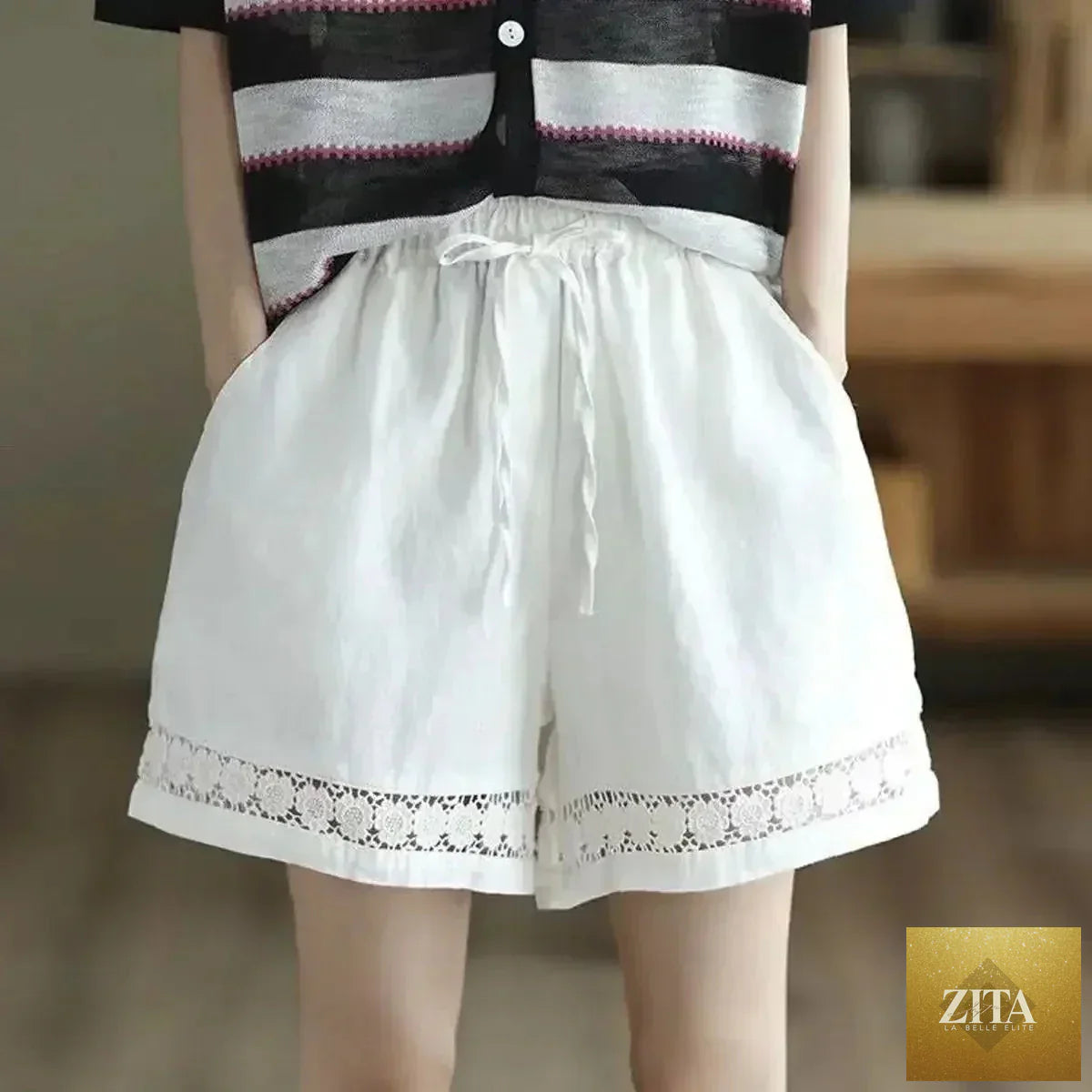 Femstylo cotton linen vintage high-waist shorts with tie-belt, embroidered hollow design, casual straight fit, new style.