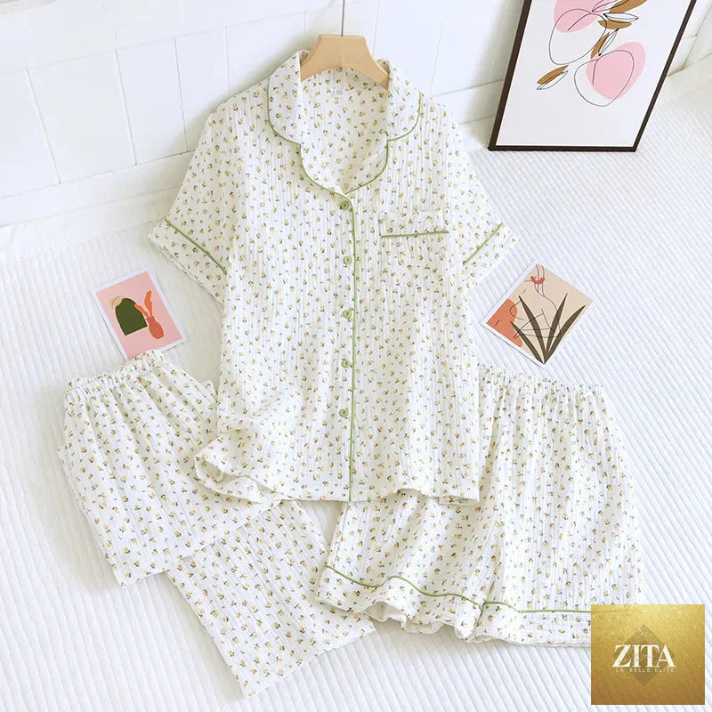 Summer women's cotton crepe pajama set with floral print, includes short sleeve top, shorts, and trousers in large size.