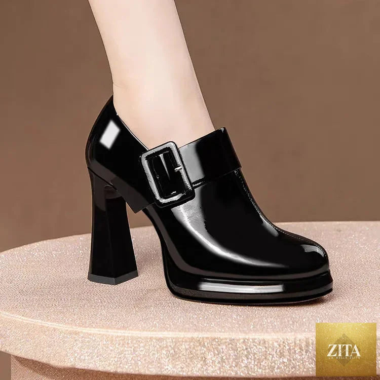 Black round head high heel pump shoes for women by SMinvite, LLC, featuring thick heels and classic round toe design.