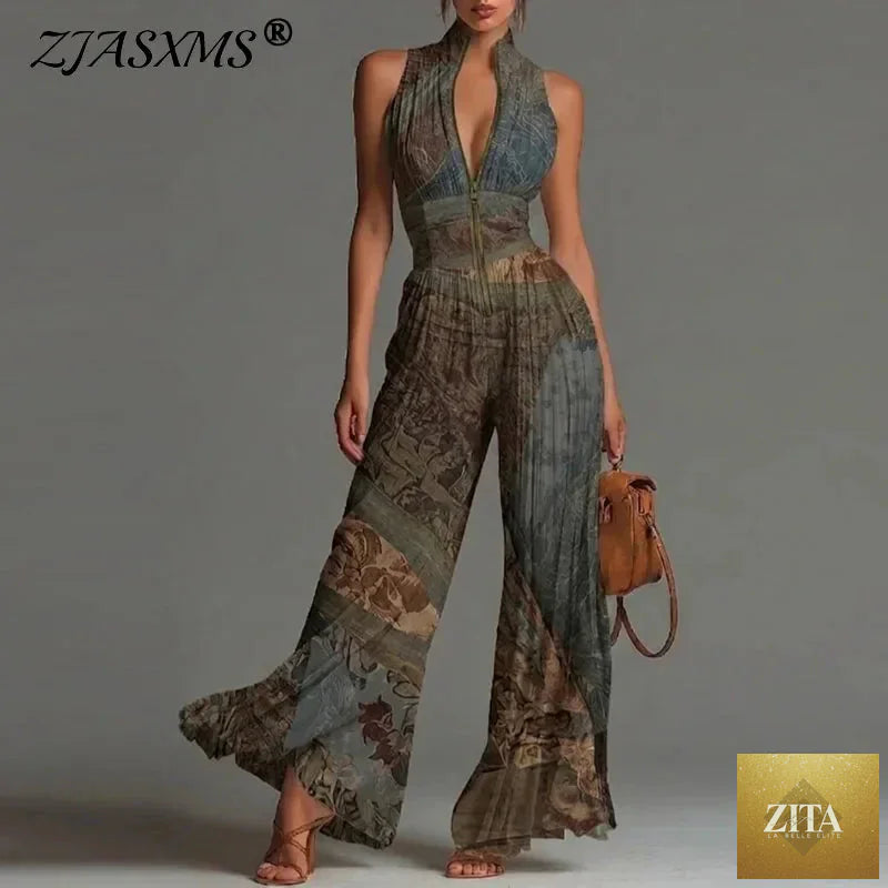 Elegant women's spring jumpsuit by Selvanelle featuring a stand collar, zipper, pleated design, high waist, wide-leg, sleeveless, and loose fit.