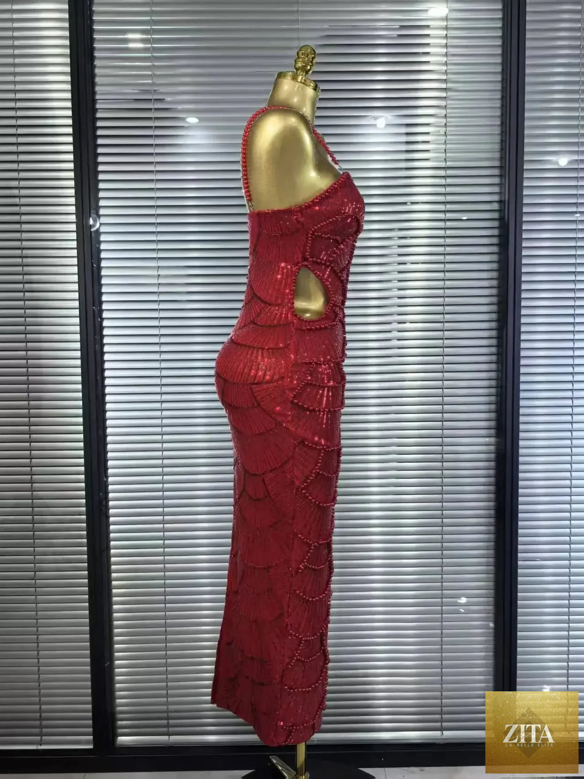 Pearl beaded sleeveless party dress by Femstylo, bodycon Christmas gown with elegant pearl embellishments and fitted silhouette
