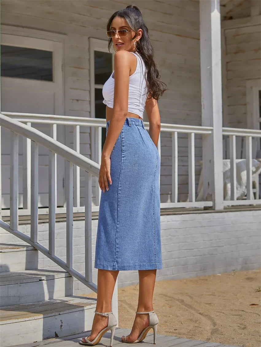 Women Denim Jean Maxi Skirt Side Split