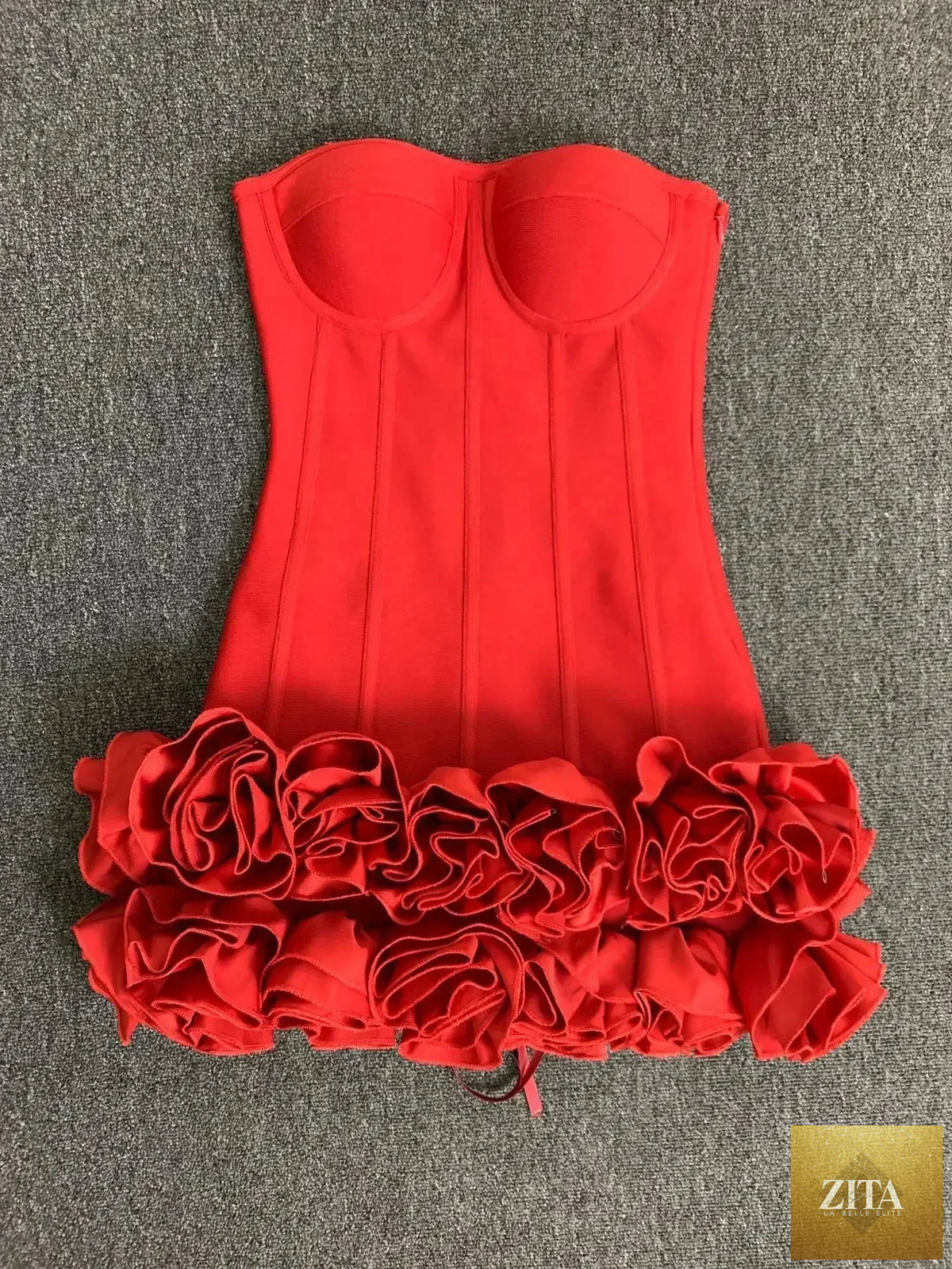Femstylo women's bandage dress featuring a strapless design, lace-up back, floral hem, and bodycon fit for evening or party wear