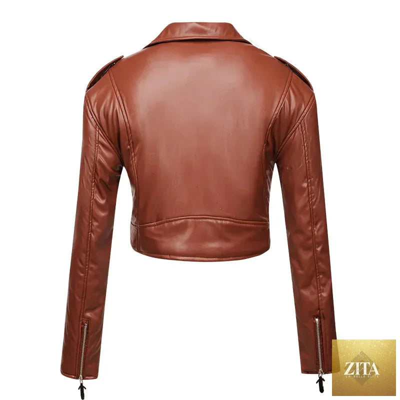 Women slim short PU leather jacket with cotton lining, high waist, long sleeves, and lapel collar, by SMinvite LLC.