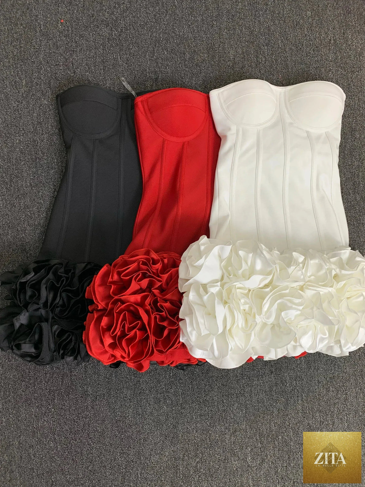 Femstylo women’s strapless bandage dress with lace-up back, floral hem, bodycon fit, perfect for evening parties or birthdays.
