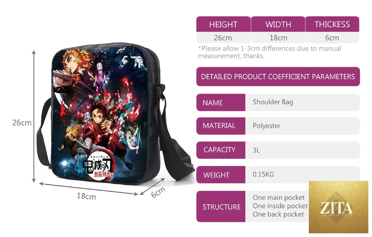 Nezuko Demon Slayer backpack from Infinite Visibility, featuring a colorful anime design, part of a 3-piece schoolbag set.