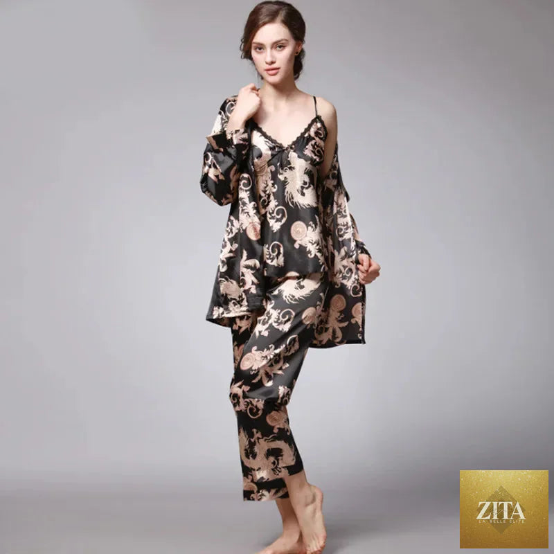 Women's silk satin pajamas set with floral print, includes three-piece sleepwear with soft, silky fabric and comfortable design.