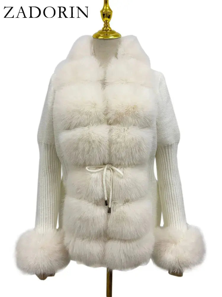 ZADORIN Fall Winter Women Faux Fur Coat Luxury Knitted Sweater Fur Cardigan Detachable Collar White Pink Jacket Faux Fur Coats ZITA LA BELLE ÉLITE