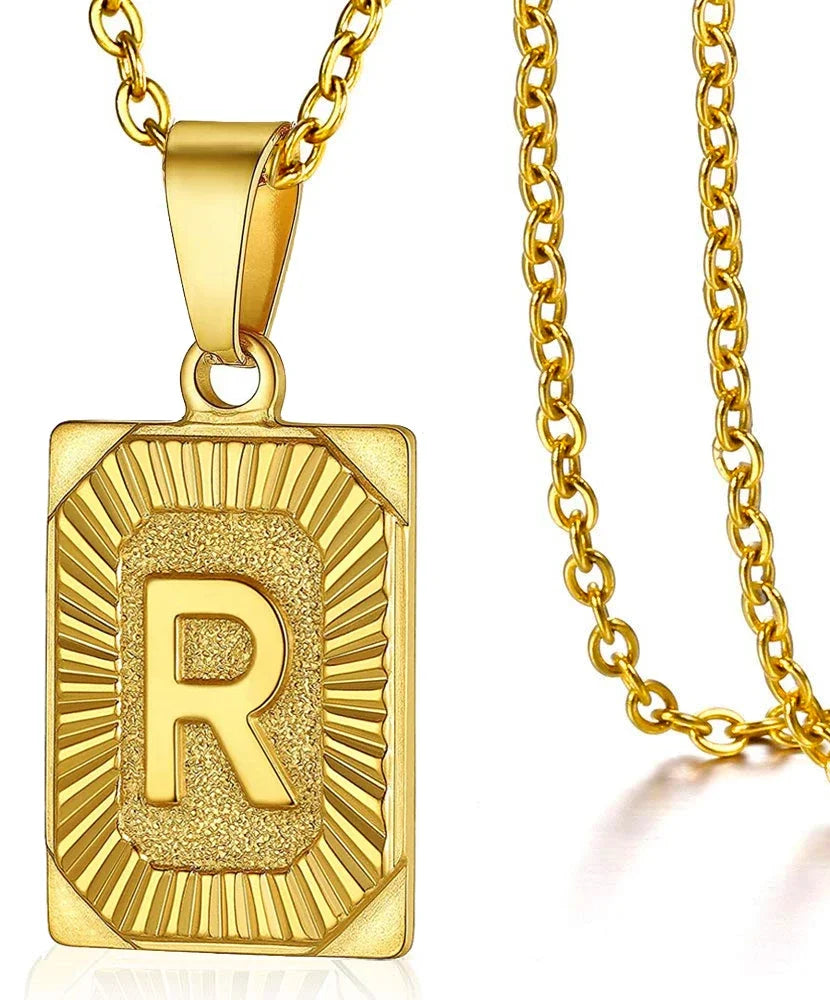 Simple stainless steel initial pendant necklace featuring a Cuba link chain with a square charm, suitable for women and couples.