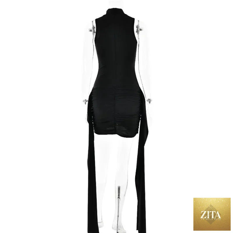 Femstylo sleeveless turtleneck mini dress with ruched, asymmetrical design, perfect for parties.