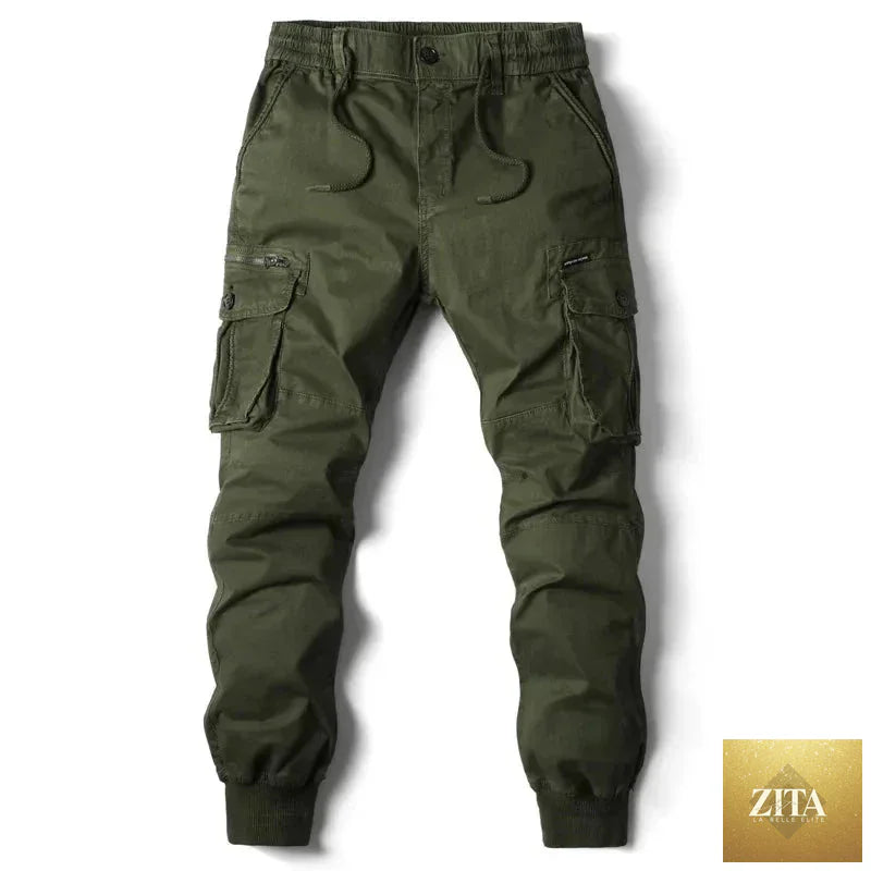 Mandotos men's gray cotton cargo pants with full-length tactical design, featuring multiple utility pockets and military style.