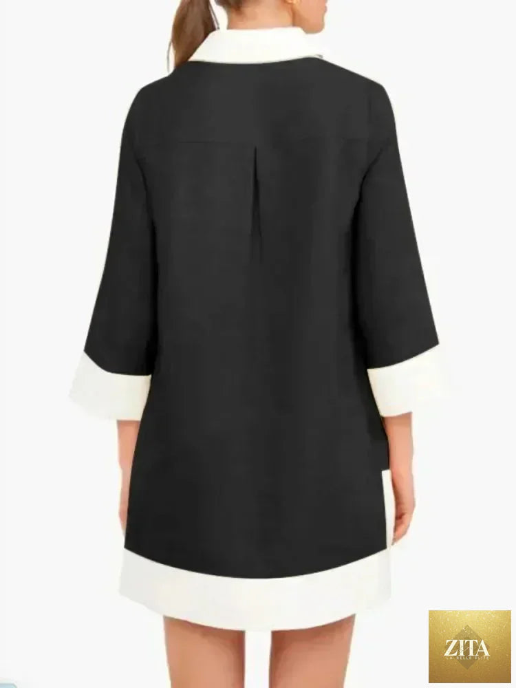 Femstylo Yeezzi women’s long sleeve spring shirt dress with contrast colors, pockets, buttons, perfect for elegant parties and evenings.