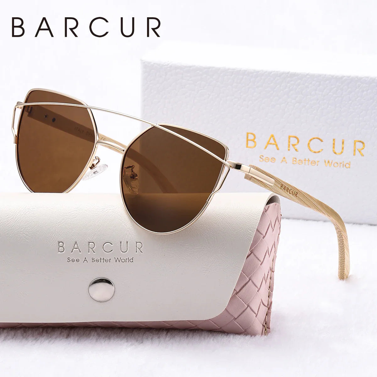 Stevvex luxury women's cat eye polarized sunglasses with bamboo foot frame and mirrored lenses, displayed in a white gift box.