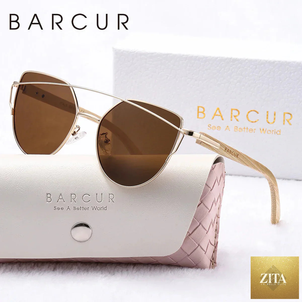 Stevvex BARCUR luxury women's polarized cat eye sunglasses with bamboo foot frame and mirrored lenses in a white gift box.