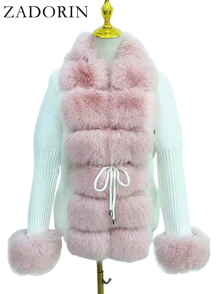 ZADORIN Fall Winter Women Faux Fur Coat Luxury Knitted Sweater Fur Cardigan Detachable Collar White Pink Jacket Faux Fur Coats ZITA LA BELLE ÉLITE